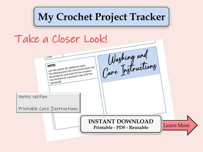 Crochet Project Tracker, Fillable Template, Printable PDF Form, Crochet Project Planner, Care Instruction Card, Printable, Instant Download image 5