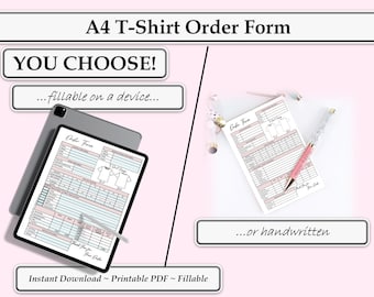 A4 Custom T-Shirt Order Form, Printable, Fillable PDF for Embroidery, Screen Print, Vinyl SVG Businesses and Ideal for Clubs, School, Events