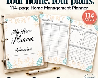 May include: A 114-page home management planner with a ring binder, featuring a white cover with orange and teal leaf illustrations. The planner includes a meal planner page and a budget planner page, accompanied by a white and gold pen.