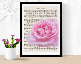 Vintage Hymn Home Decor, Pink Rose overlay on Vintage Hymn Music, Instant Download, Gift Idea, In The Garden Hymn, Shaped Notes