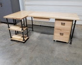 Oak pipe leg L-shaped desk, Pine