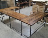 Rustic U shaped desk, FREE SHIPPING, Black Pipe Leg Reception desk, L-shaped table, heavy duty gaming desk, music studio station