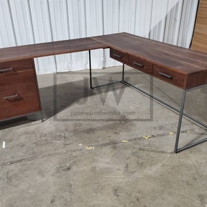 Minimalist Walnut desk, file cabinet, welded metal loft style