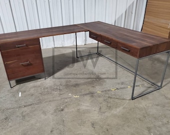 Minimalist Walnut desk, file cabinet, welded metal loft style