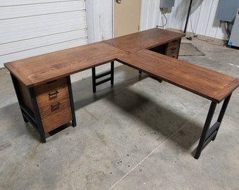 T-shaped desk, Co-working desk, Two Person double oak desk, steel desk