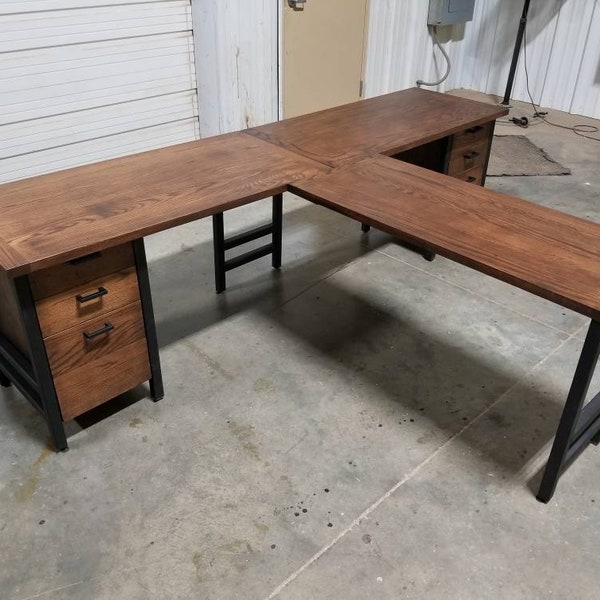 T-shaped desk, Co-working desk, Two Person double oak desk, steel desk