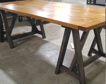 Rustic desk, FREE SHIPPING, Industrial desk, loft style table, sawhorse wood desk, kitchen table, office conference table