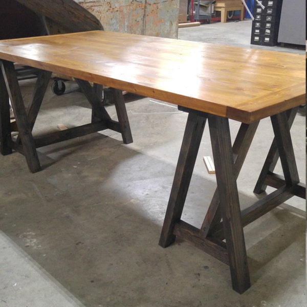 Rustic desk, FREE SHIPPING, Industrial desk, loft style table, sawhorse wood desk, kitchen table, office conference table
