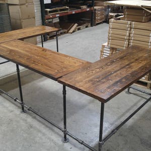 Rustic U shaped desk, FREE SHIPPING, Black Pipe Leg Reception desk, L-shaped table, heavy duty gaming desk, music studio station
