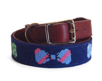 Bow Tie on Navy Needlepoint Dog Collar