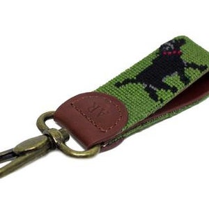 Black lab on green Needlepoint key fob
