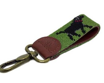 Black lab on green Needlepoint key fob