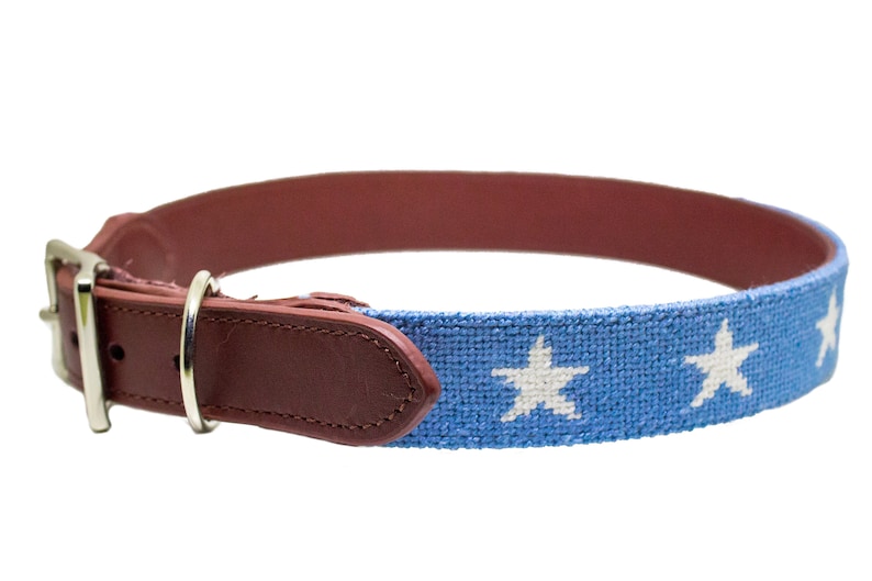 Hand stitched needlepoint stars and stripes dog collar by Asher Riley. Monogramming available. Leather and brass hardware.
