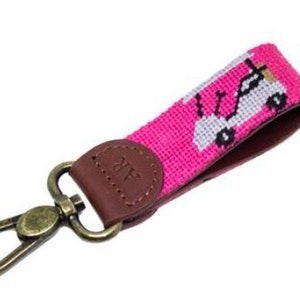 Golf Cart on pink Needlepoint Key Fob