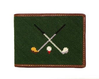 Golf Clubs on Green Needlepoint Wallet