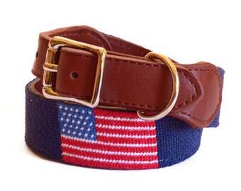 American Flag on Navy Needlepoint Dog Collar