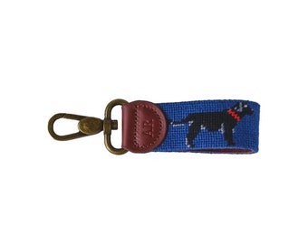 Black Lab on Navy Needlepoint Key Fob