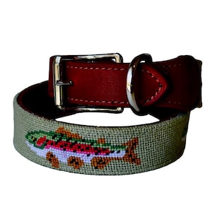 Trout on Green Needlepoint Dog Collar