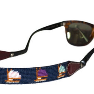 Sailboats on Navy Needlepoint Sunglass Straps