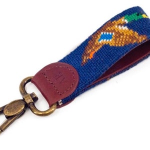 Flying Mallard on Navy Needlepoint Key Fob