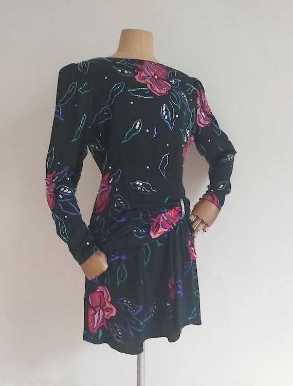 Vintage 80's Floral sequins,beads silk mini dress
