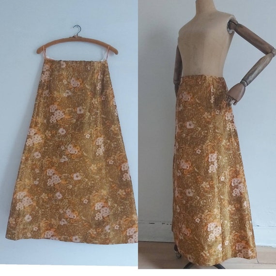 60s Orange floral silk taffeta long maxi skirt (10