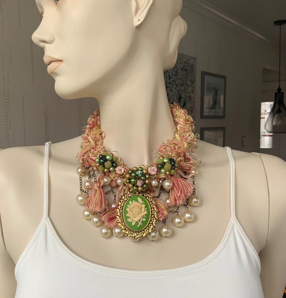 Repurposed Flower Pearl Statement Necklace: Handmade Tassel