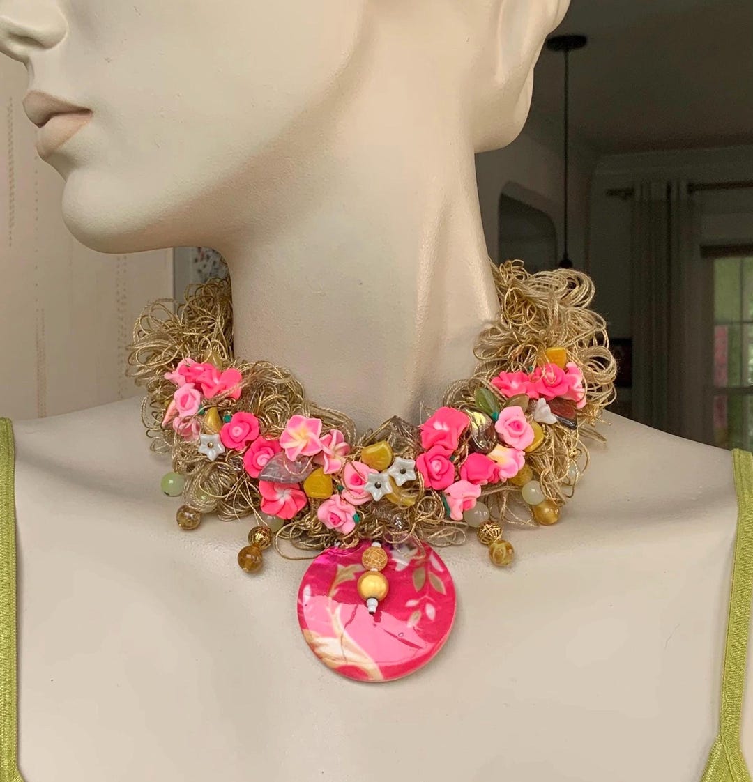 Pretty Pink Flowers Necklace, Precious Adorable Fun Necklace, Unique ...