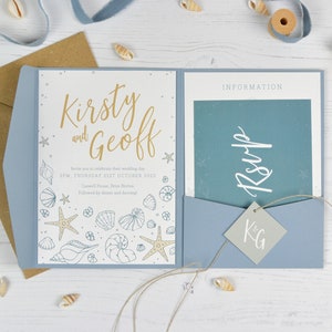 Muestra de invitación de boda en la playa con bolsillo, suite de invitación de boda costera, boda de destino MUESTRA (5x7")
