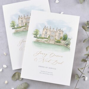 Ordem de serviço personalizada em aquarela. Ilustração personalizada pintada à mão, livreto de serviço de casamento. (Cartão A6, min. x30)