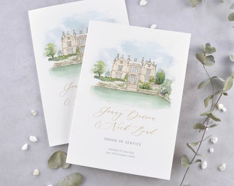 Personalised watercolour venue order of service. Custom hand painted illustration, wedding service booklet. (A6 card, min. x30)