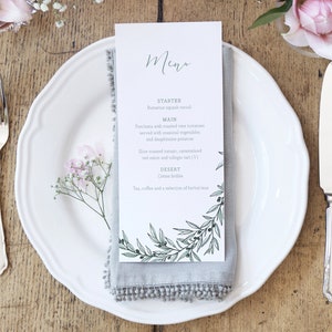 Carte de menu de branche d’olivier personnalisée. Mariage de verdure, menu de mariage de destination, décor de table de mariage (carte DL, min. x20)