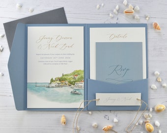 Sample destination wedding pocketfold invitation, bespoke painted wedding invitations, venue illustration SAMPLE ONLY (5x7")