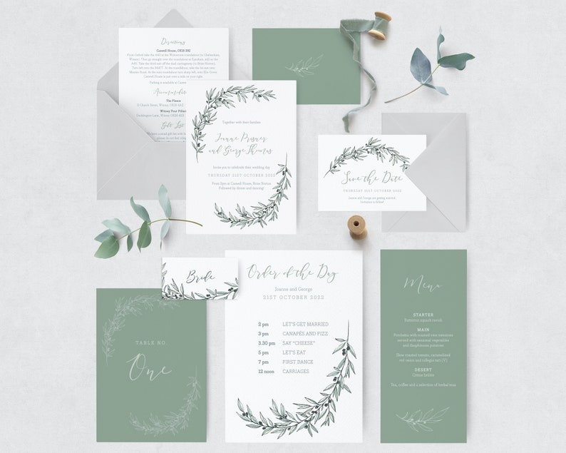 Personalised olive branch wedding order of the day, greenery wedding, Tuscan wedding A5, Min. x20 image 2