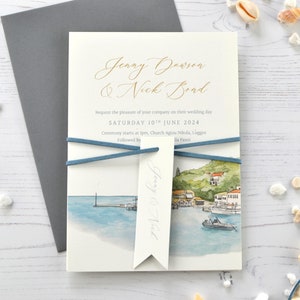 Paquete de invitación de boda de destino de muestra, invitaciones de boda pintadas a medida, papelería de boda con ilustración del lugar SÓLO MUESTRA (5x7")