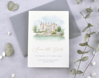 Personalised watercolour venue save the date card. Custom hand painted illustration, wedding announcement card. (A6 card, min. x30)