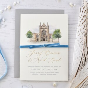 Échantillon de paquet d’invitations de mariage à l’aquarelle, invitation de mariage illustrée sur mesure, illustration de mariage à l’église ÉCHANTILLON SEULEMENT (5x7 »)