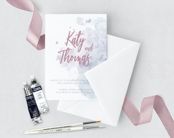 Simple personalised wedding invitation, modern watercolour wedding invitation, blush wedding, blue wedding (5x7")