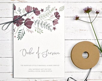 Personalised wedding order of service booklet, marsala floral wedding program, order of the day. (A5, Min. order x30)