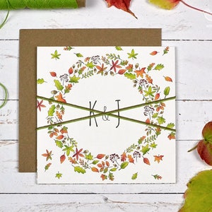 Exemple de carte d’invitation de mariage pliée, invitation de mariage d’automne SAMPLE (148mm carré)