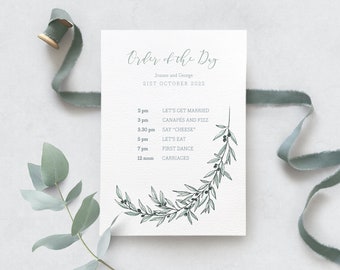 Personalised olive branch wedding order of the day, greenery wedding, Tuscan wedding (A5, Min. x20)