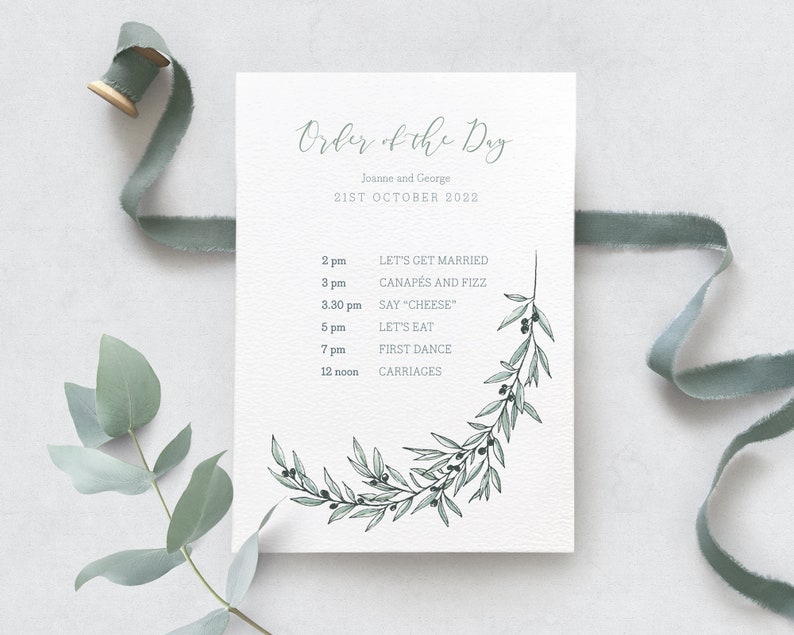 Personalised olive branch wedding order of the day, greenery wedding, Tuscan wedding A5, Min. x20 image 1