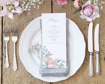 Personalised floral menu card. Watercolour peony wedding menu, wedding table decor (DL card, min. x20)