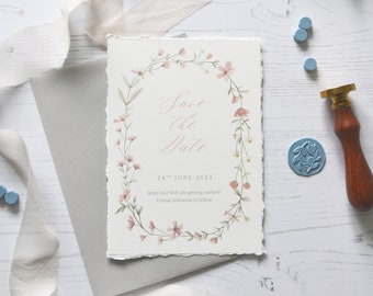 Personalised, rustic, save the date wedding invitation cards. Watercolour floral wedding design with torn edges (A6 card, Min. order x30)