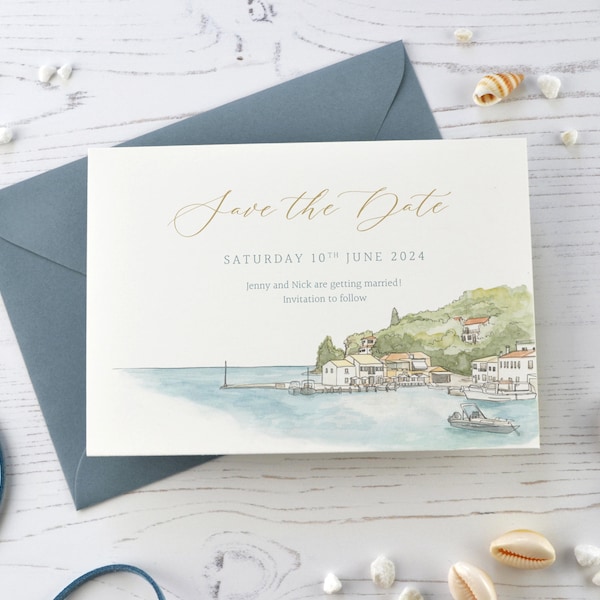 Personalised watercolour venue save the date card. Custom hand painted illustration, wedding announcement card. (A6 card, min. x30)