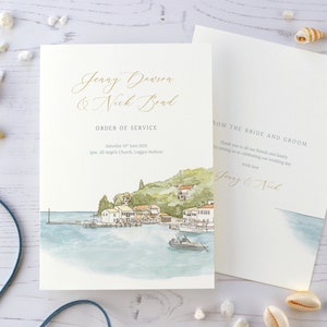 Orden del servicio del lugar de celebración personalizada en acuarela. Ilustración pintada a mano personalizada, folleto de servicio de bodas de destino. (Tarjeta A6, mín. x30)