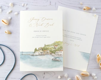 Personalised watercolour venue order of service. Custom hand painted illustration, destination wedding service booklet. (A6 card, min. x30)