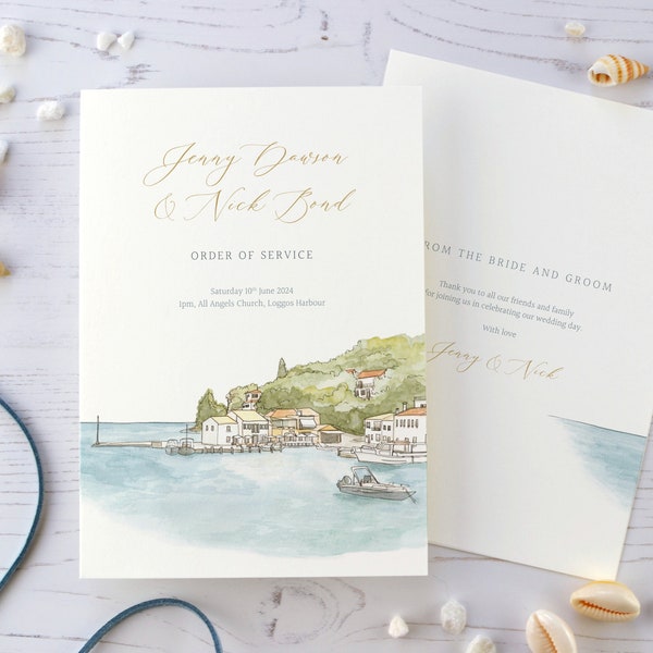 Personalised watercolour venue order of service. Custom hand painted illustration, destination wedding service booklet. (A6 card, min. x30)