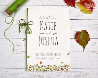 Personalised wedding order of service booklet, autumn wedding program, order of the day. Autumn wedding design (A5, Min. order x30)