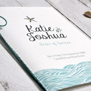 Orden de boda personalizada, cuadernillo de servicios, programa de boda, orden del día. Boda de destino, boda en la playa (A5, pedido mínimo x30)